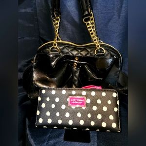 Betsey Johnson Bow Purse and Black polka dot long wallet. GORGEOUS SET